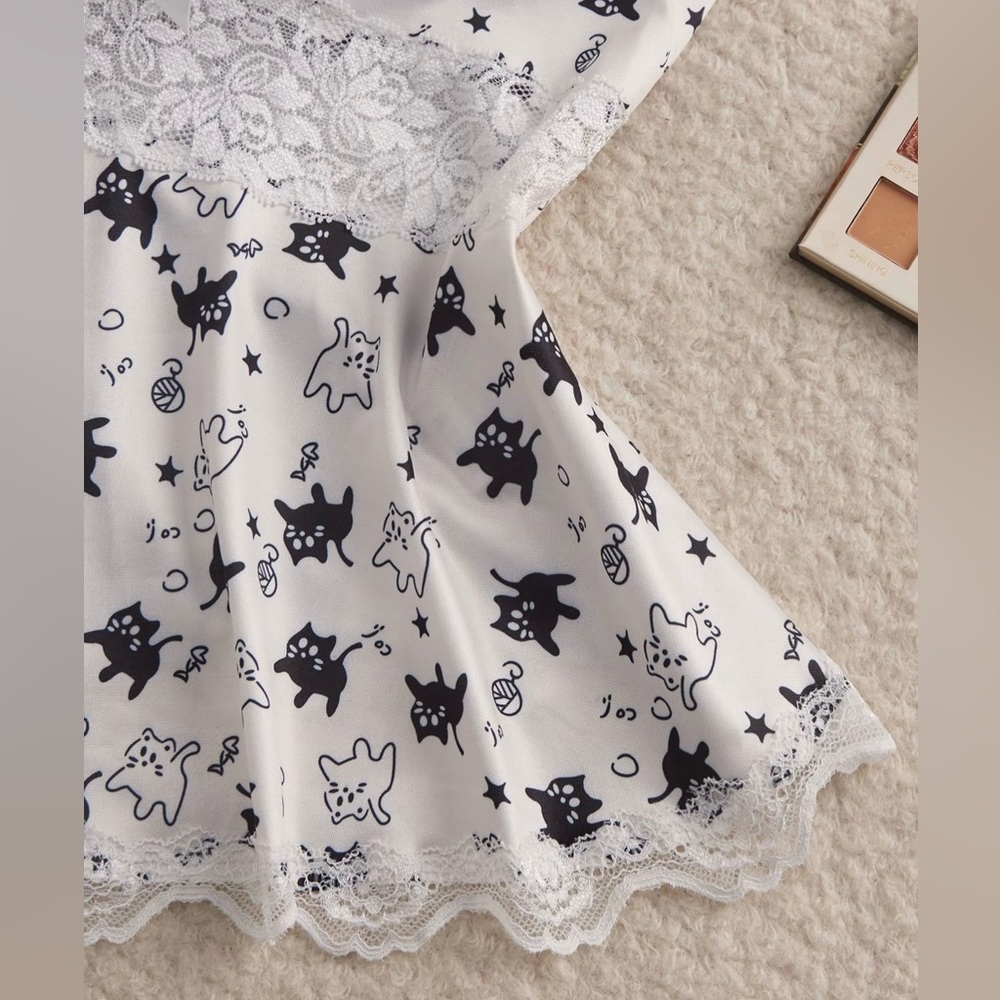 Cat Print Lace Sleepwear Set Lightweight Breathable Soft Jersey New Boutique - Picture 6 of 7